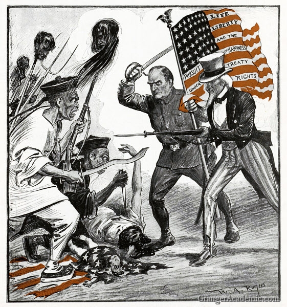 A political cartoon shows a group of "boxers" fighting America, represented by a an American flag and President McKinley