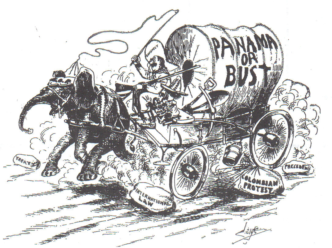 A political cartoon of a horse drawn carriage with the text "Panama or Bust" with a person on it depicted rolling over treaties, international law, and precedent 