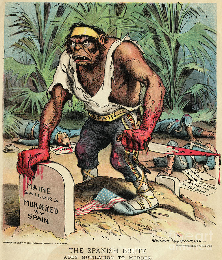 A cartoon depicts a brutish figure labeled "Spain" with bloodied hands and a knife, standing over gravestones of "Maine sailors" surrounded by wounded figures.