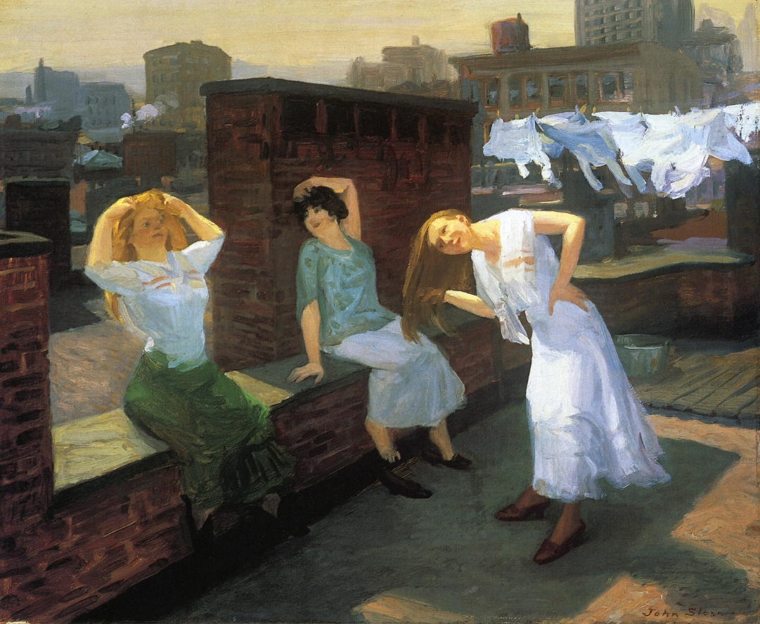 Oil painting of three women drying their hair on a roof. A city is visible in the background. There are shirts hanging on a rope on the roof.